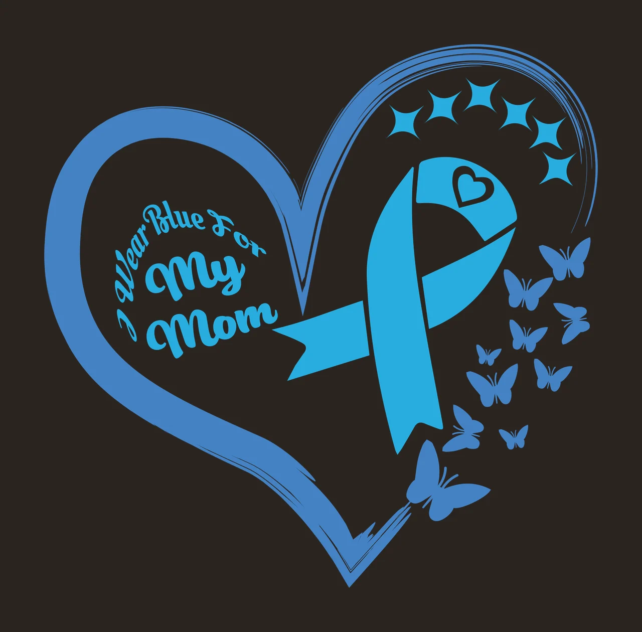 I Wear Blue For My Mom Blue heart-shaped design with blue heart outline, blue ribbon with heart cutout, butterflies and stars in white contrast preview thumbnail