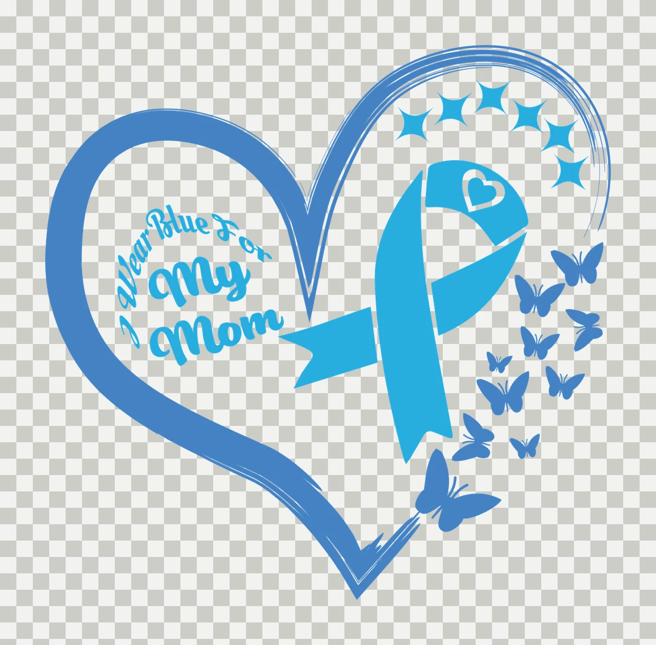 I Wear Blue For My Mom Blue heart-shaped design with blue heart outline, blue ribbon with heart cutout, butterflies and stars in white transparency and detail preview thumbnail