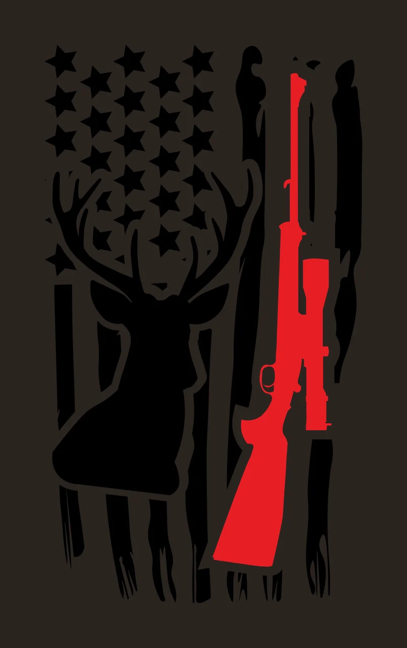 Deer and rifle over American flag motif Illustration with black deer silhouette, red rifle with scope, black stars in top left and black and white vertical stripes contrast preview thumbnail