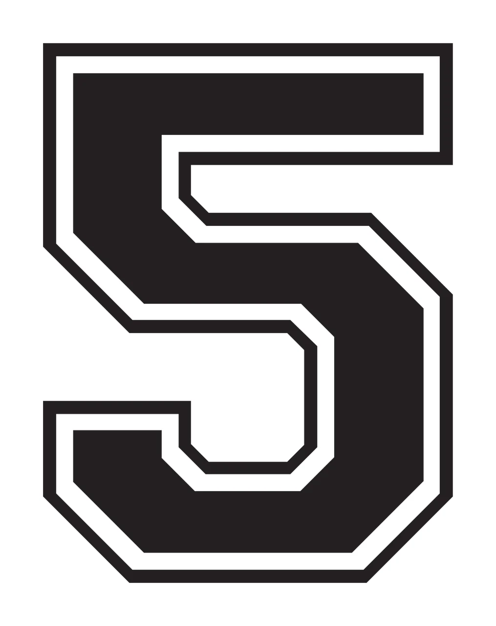 5 Number Design with block lettering, double outline, varsity and geometric shapes in black and white