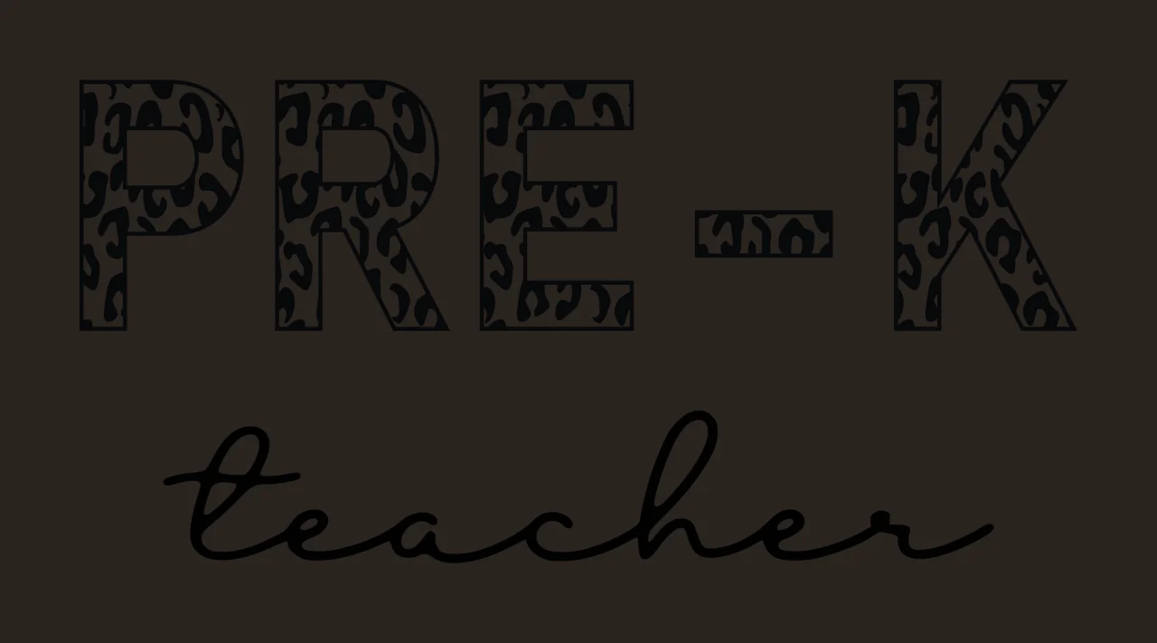 PRE-K teacher Typography Design with PRE-K letters with leopard print and cursive 'teacher' text in black and white contrast preview thumbnail
