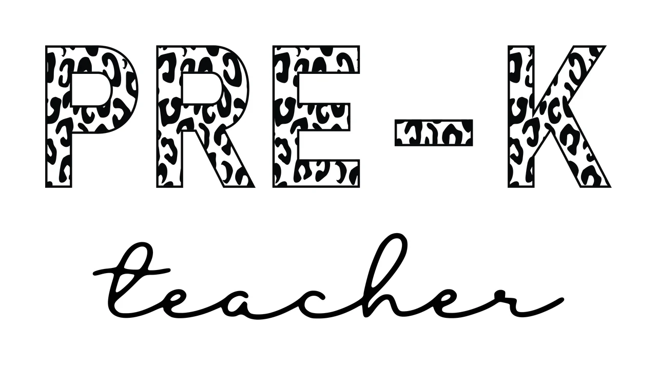 PRE-K teacher Typography Design with PRE-K letters with leopard print and cursive 'teacher' text in black and white