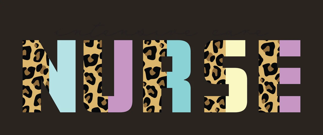 Intensive care NURSE Typography Design with cursive script text, leopard print pattern, bold block letters and pastel color blocks in light blue, light purple and light yellow contrast preview thumbnail