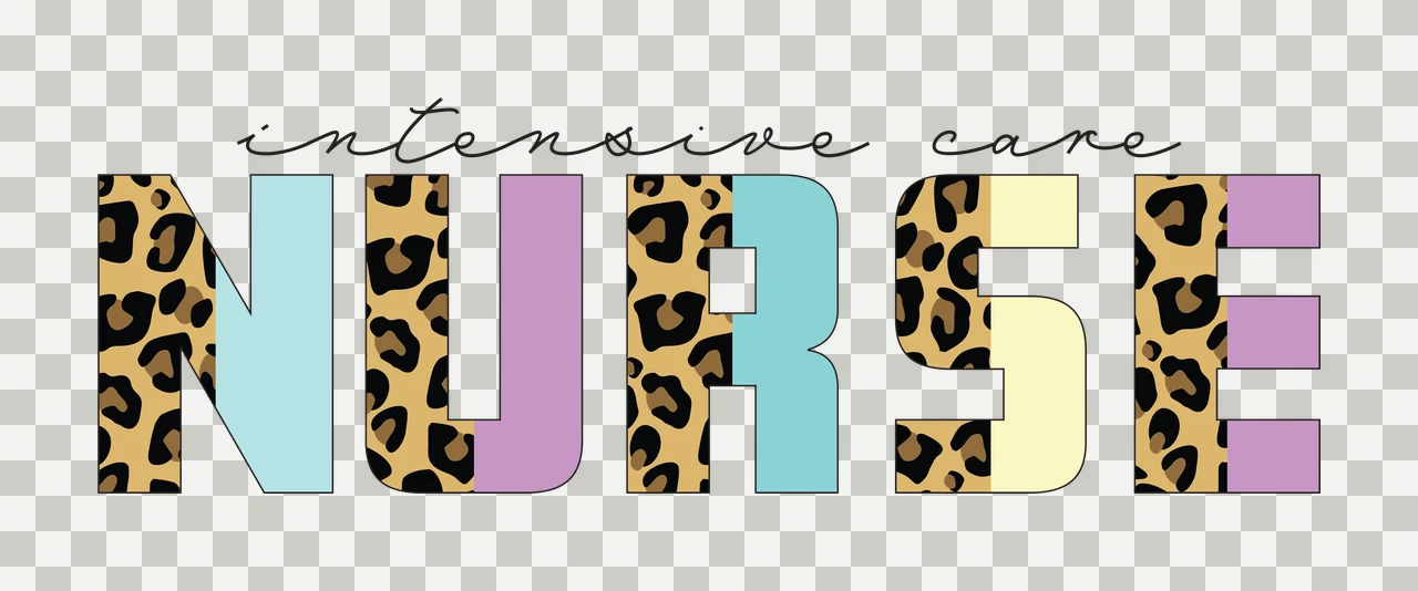 Intensive care NURSE Typography Design with cursive script text, leopard print pattern, bold block letters and pastel color blocks in light blue, light purple and light yellow transparency and detail preview thumbnail