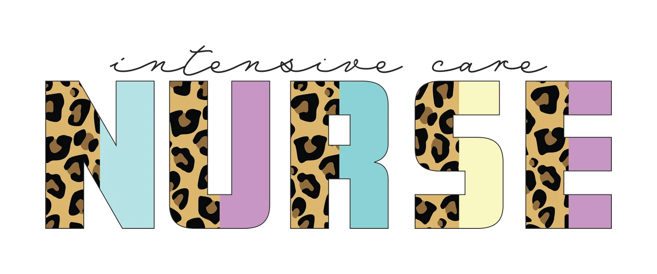 Intensive care NURSE Typography Design with cursive script text, leopard print pattern, bold block letters and pastel color blocks in light blue, light purple and light yellow
