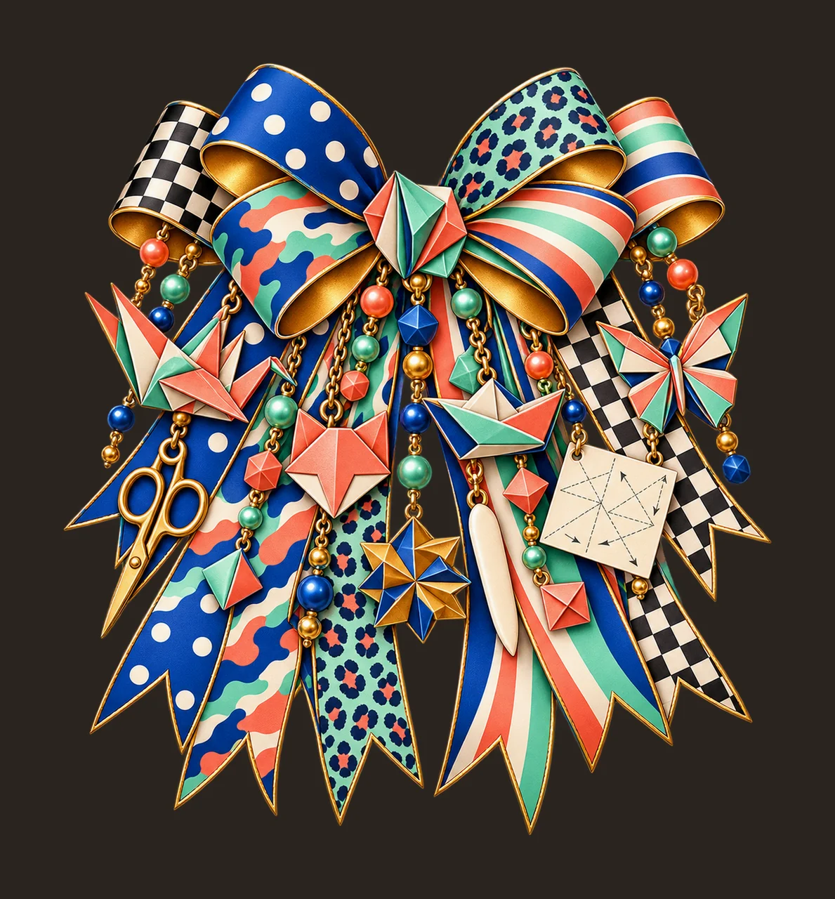 Origami Artist Bow Charm PNG, Paper Crane Fox Boat and Scissor Charms, Paper Craft Sublimation Design, Transparent Download contrast preview thumbnail