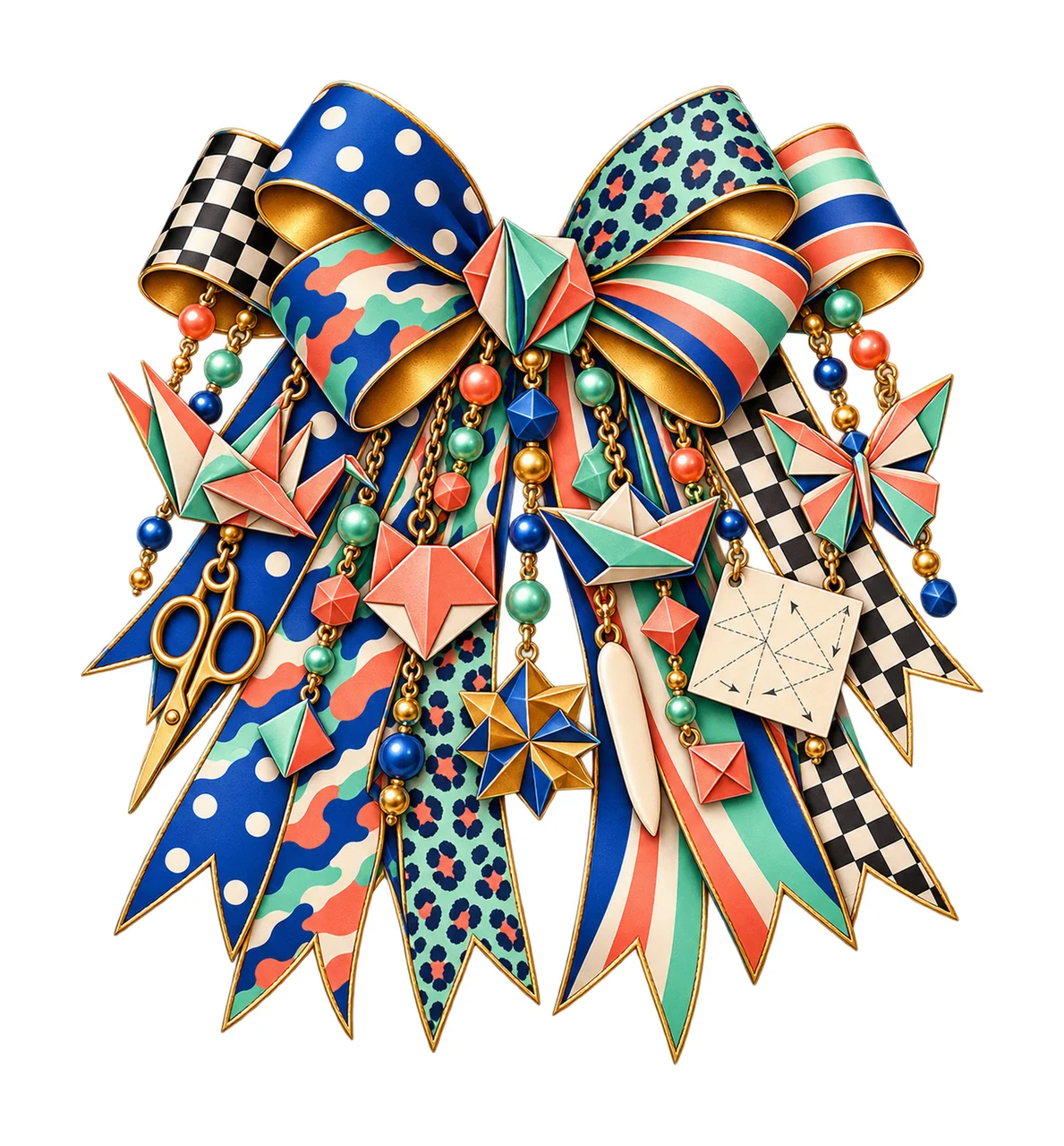 Origami Artist Bow Charm PNG, Paper Crane Fox Boat and Scissor Charms, Paper Craft Sublimation Design, Transparent Download