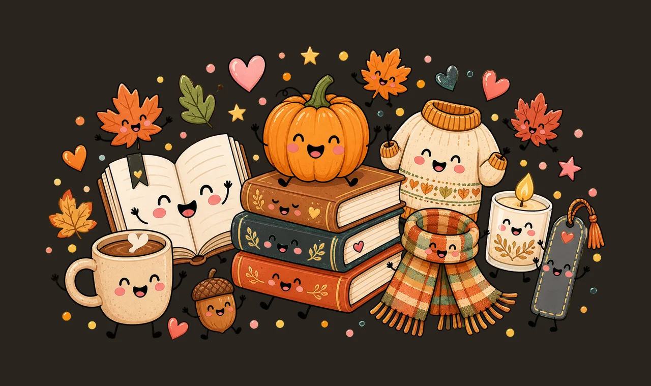 Cute Fall Book Characters Cozy Autumn Reading Variation B contrast preview thumbnail