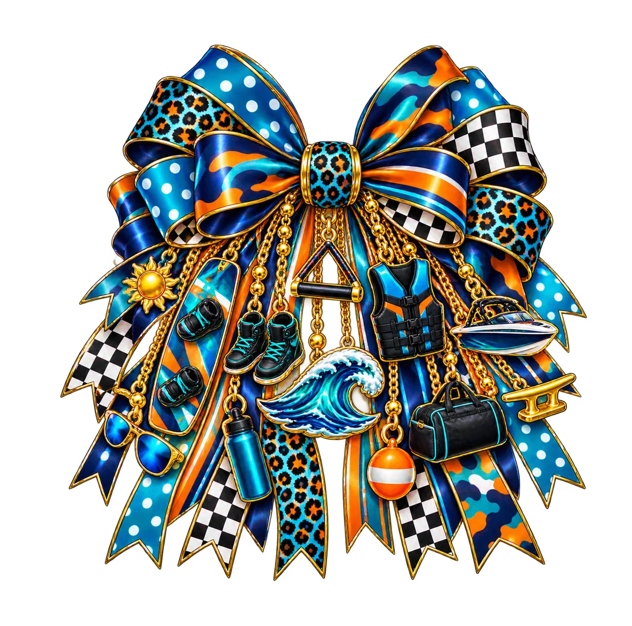 Wakeboarding Lover Bow Charm PNG, Gold Chain Charms, Transparent Sublimation Design, Digital Download