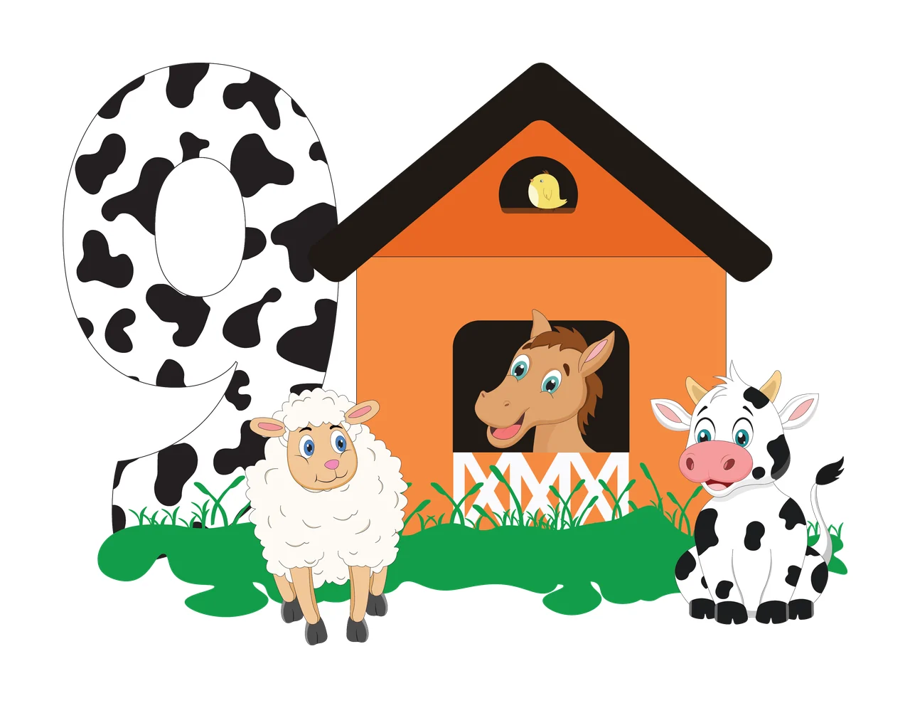 Farm Black Silhouette Of Number Nine With House standing cow
