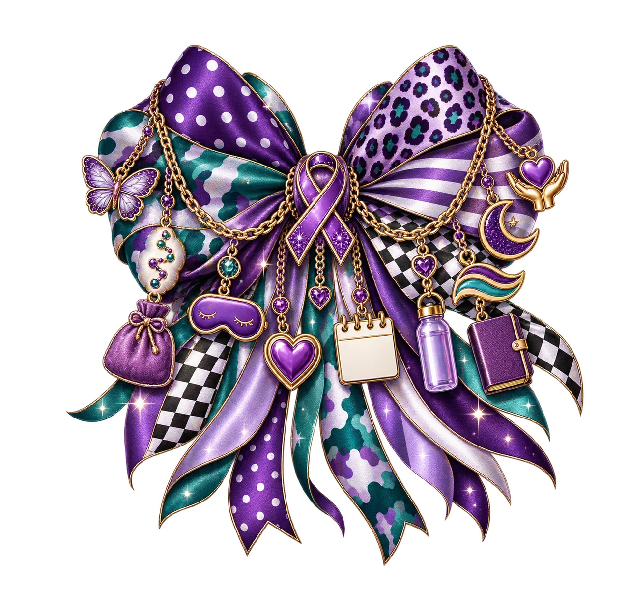 Fibromyalgia Awareness Bow Charm PNG, Themed Gold Chain Charms, Coquette Ribbon Sublimation Design, Transparent Digital Download