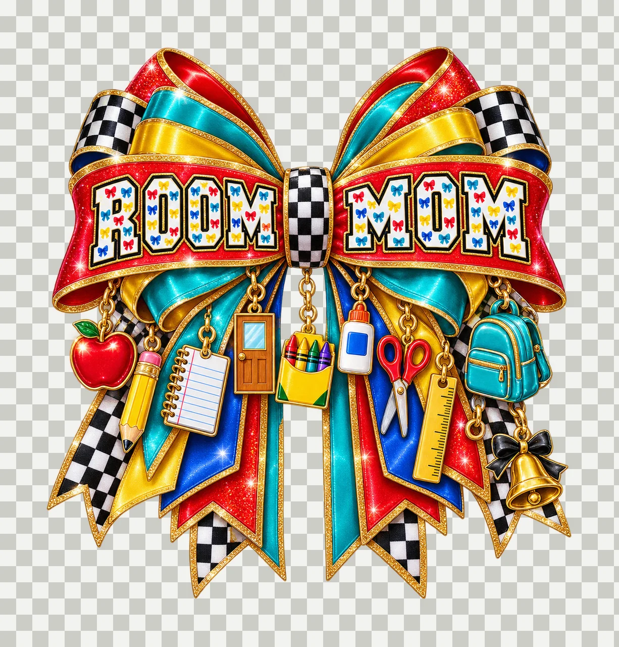 Room Mom Bow Charm PNG, Patterned Varsity Mom Ribbon Clipart, Transparent Sublimation Digital Download transparency and detail preview thumbnail
