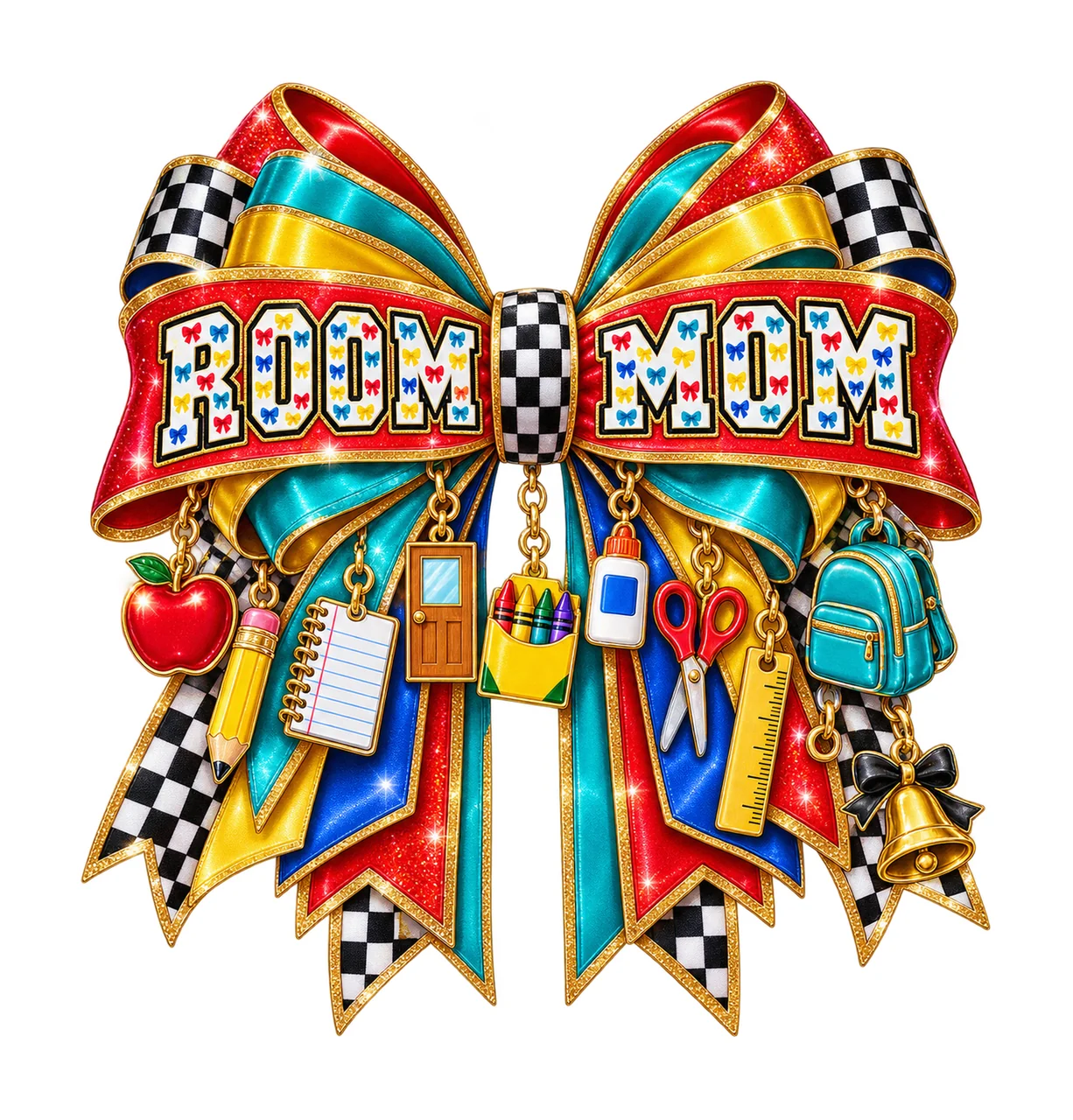 Room Mom Bow Charm PNG, Patterned Varsity Mom Ribbon Clipart, Transparent Sublimation Digital Download