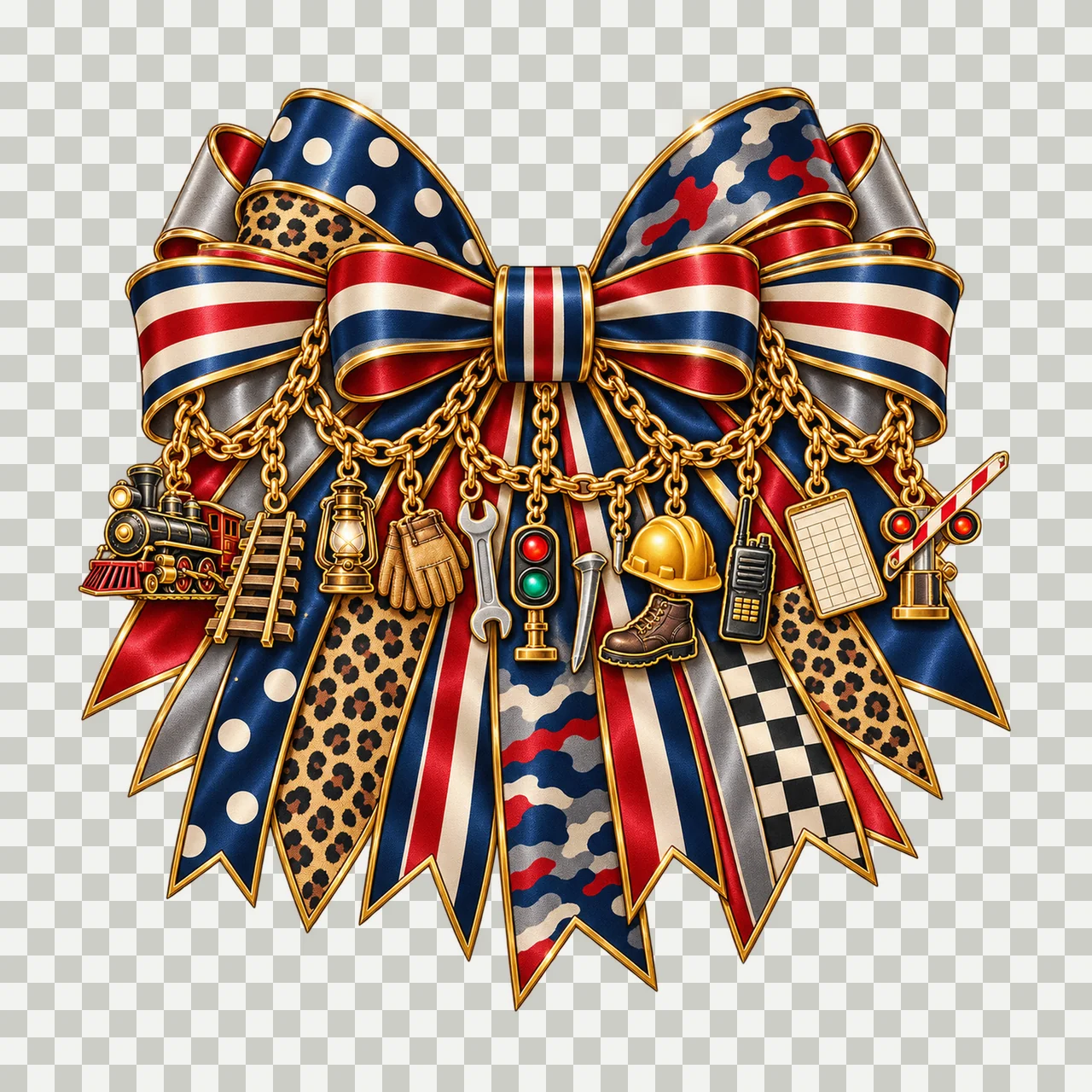 Railroad Worker Bow Charm PNG, Gold Chain Charms, Transparent Sublimation Design, Digital Download transparency and detail preview thumbnail