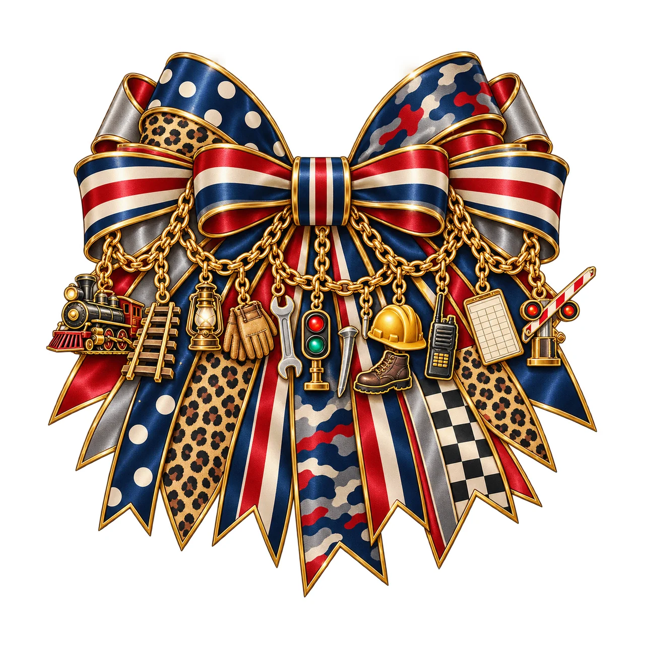 Railroad Worker Bow Charm PNG, Gold Chain Charms, Transparent Sublimation Design, Digital Download