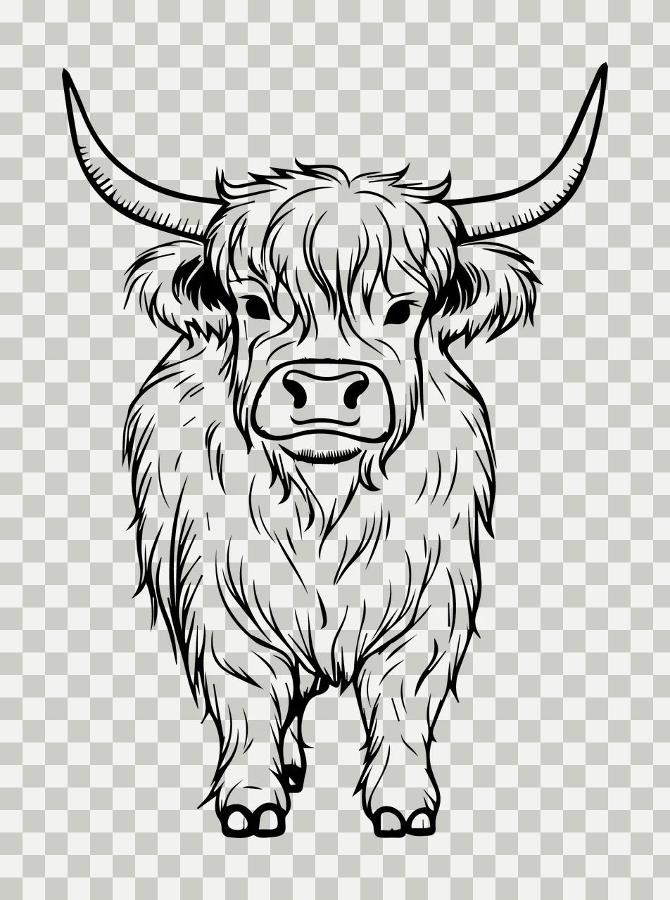 Cow Highland Line Drawing standing horns black white animal transparency and detail preview thumbnail
