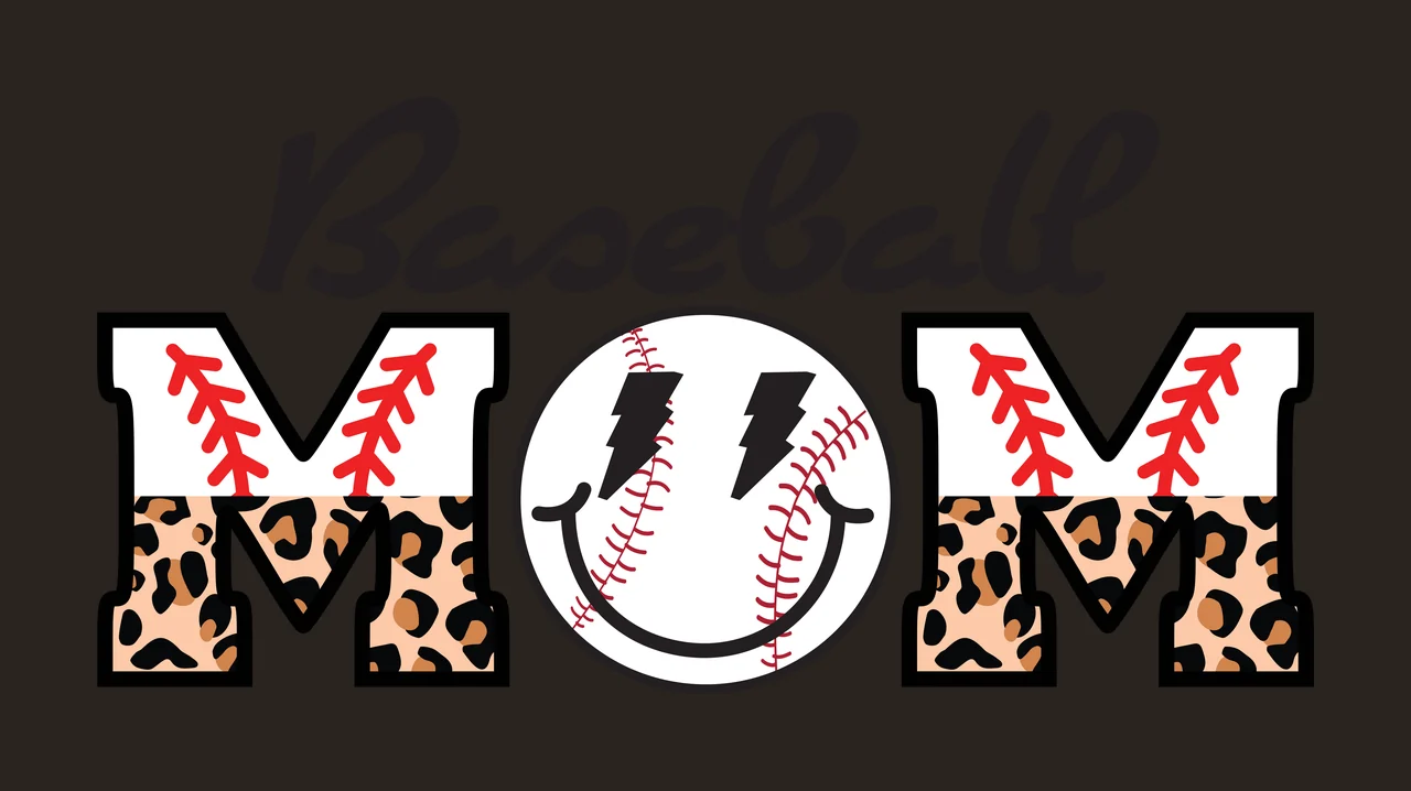 Baseball MOM Typography Design with black cursive 'Baseball', black outlined 'M' with leopard print lower half, red baseball stitching on 'M' letters and circular smiley face with red stitching contrast preview thumbnail