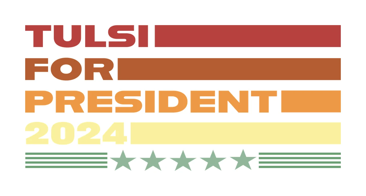 TULSI FOR PRESIDENT 2024 vintage- political Design with TULSI text, red horizontal bar, brown horizontal bar and orange horizontal bar