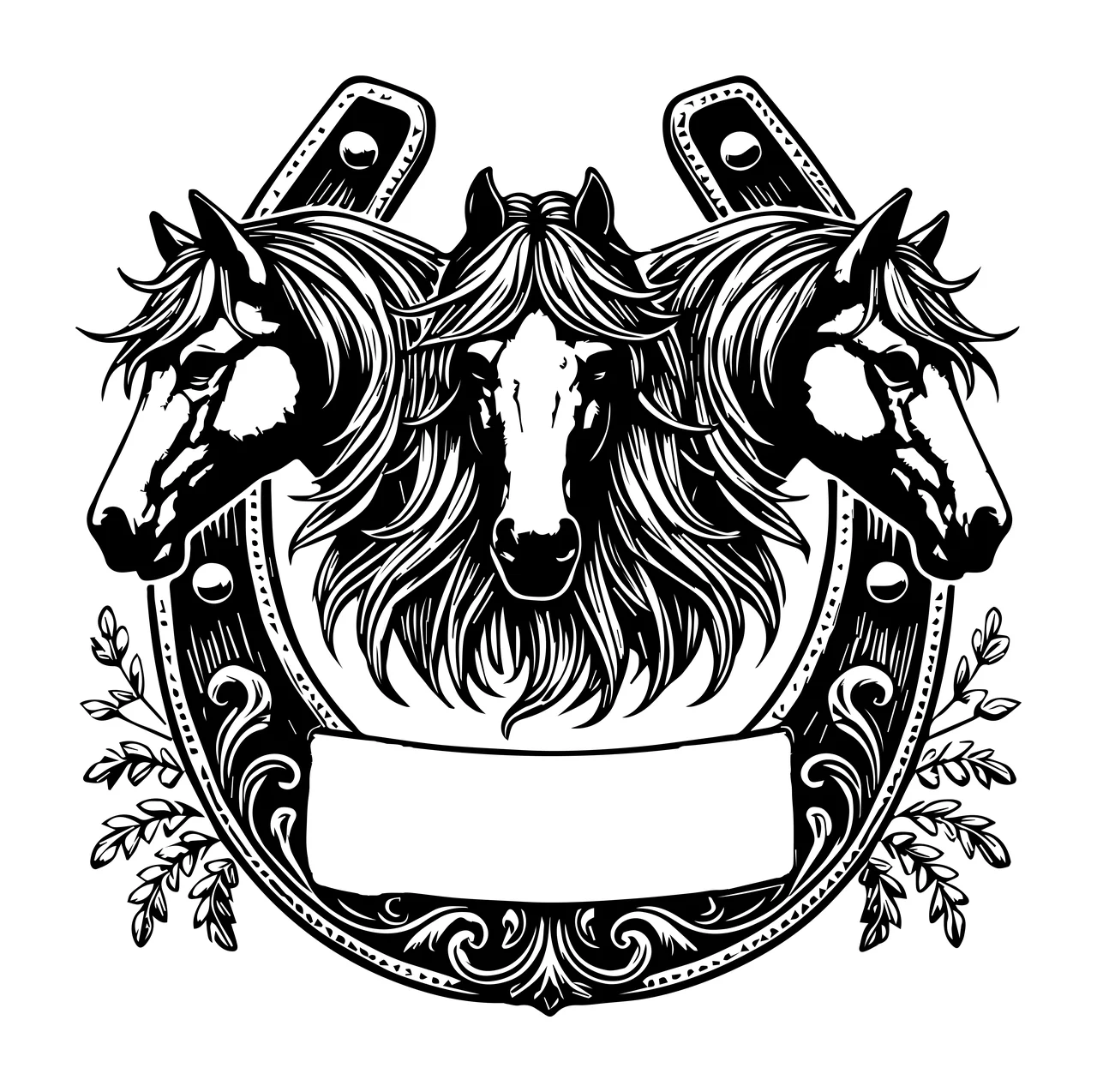 Horse Horses Heads Frame In Horseshoe Border ornamental graphic