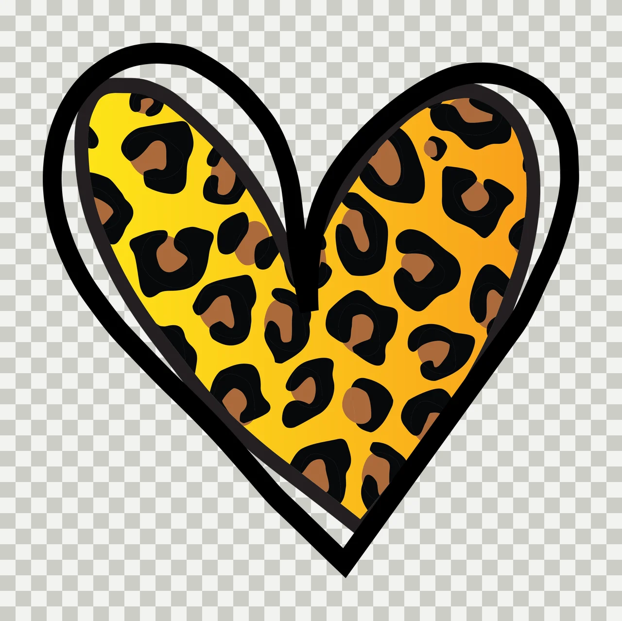 Flat Cartoon Illustration of Heart-shaped design with leopard print pattern with heart shape and black outline in yellow and brown transparency and detail preview thumbnail