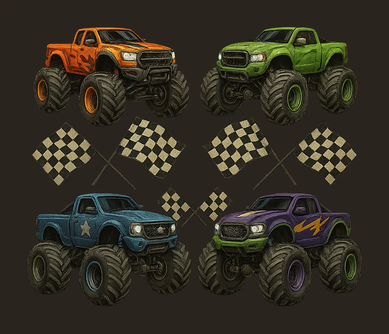 Monster Truck Checkered Bows Sublimation Kids Shirt Design contrast preview thumbnail
