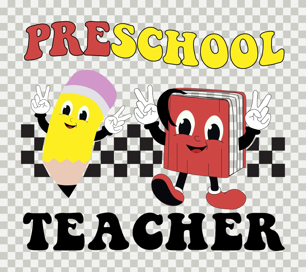 Pencil And Book Characters cartoon making peace signs checkerboard transparency and detail preview thumbnail