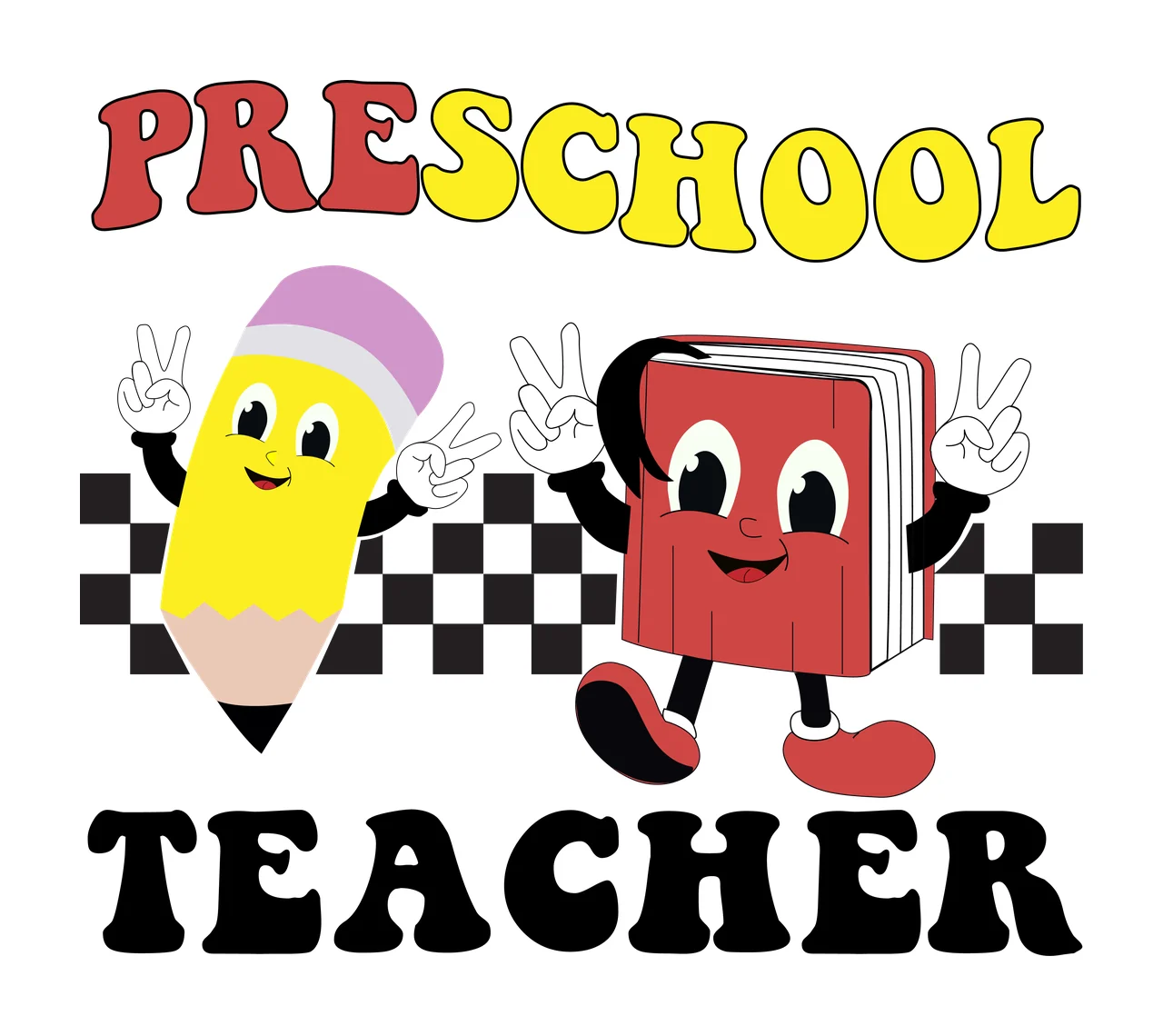 Pencil And Book Characters cartoon making peace signs checkerboard