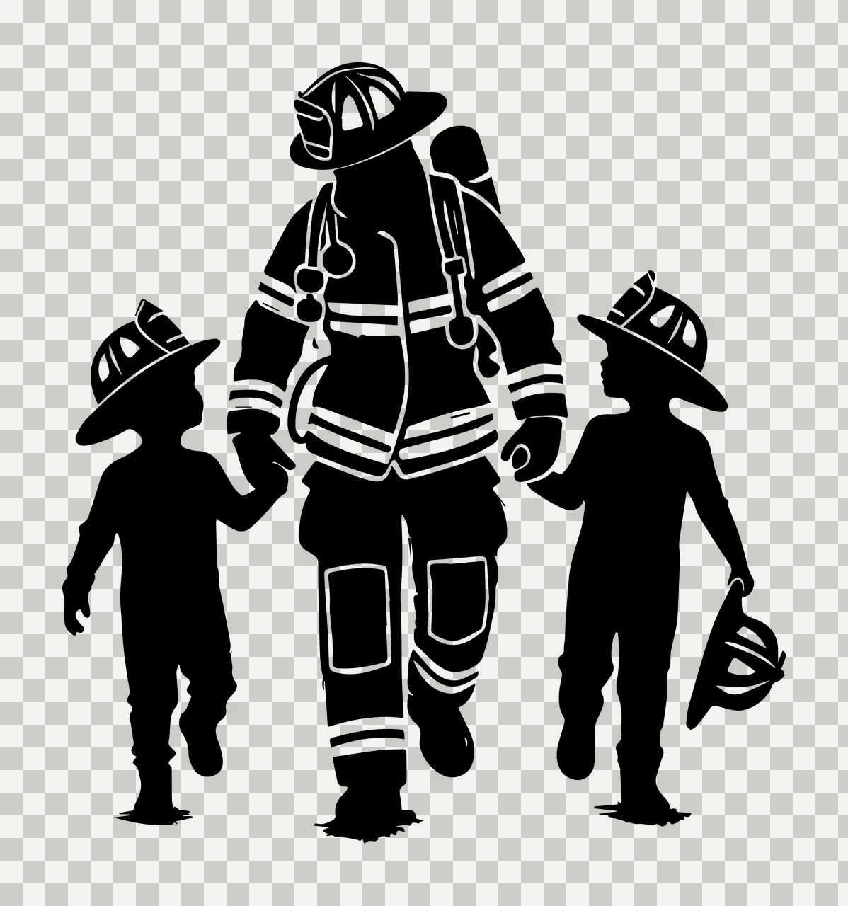 Firefighter Standing Between Two Small Children Holding hands transparency and detail preview thumbnail