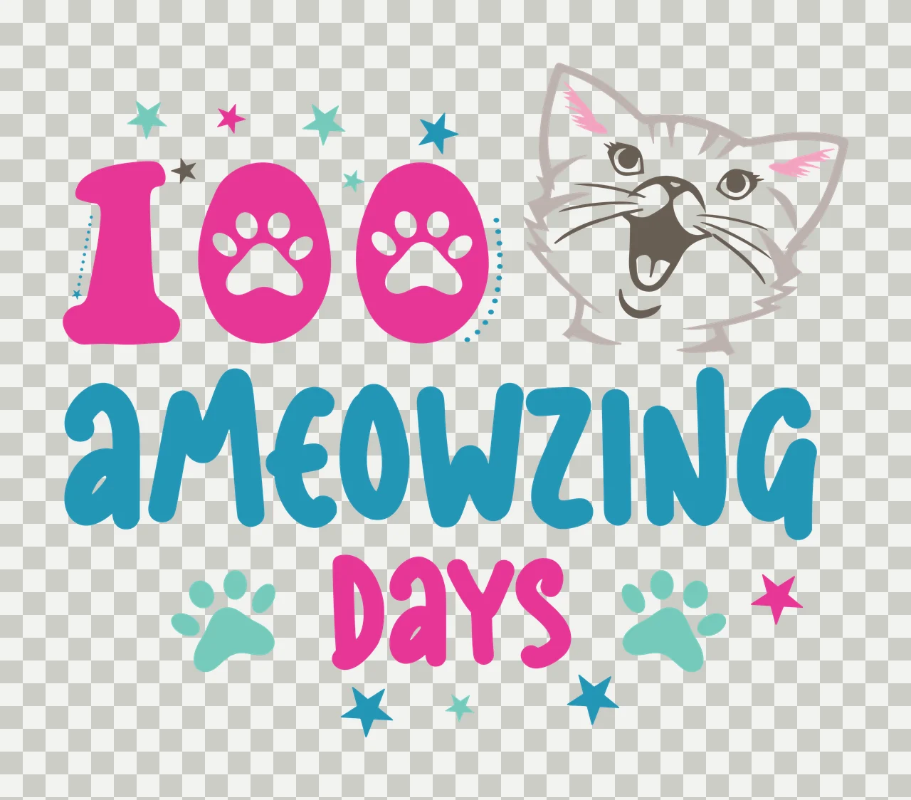 Cat Face Design paw prints stars cartoon graphic black white transparency and detail preview thumbnail