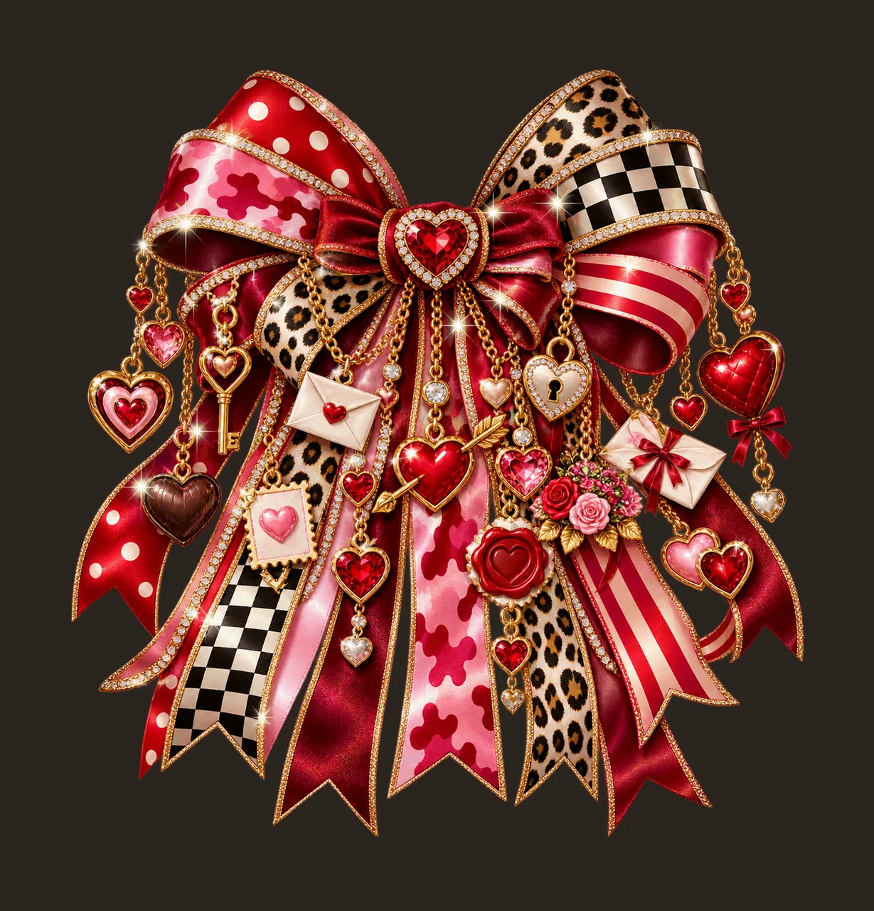 Valentine Hearts Bow Charm PNG, Themed Gold Chain Charms, Coquette Ribbon Sublimation Design, Transparent Digital Download contrast preview thumbnail