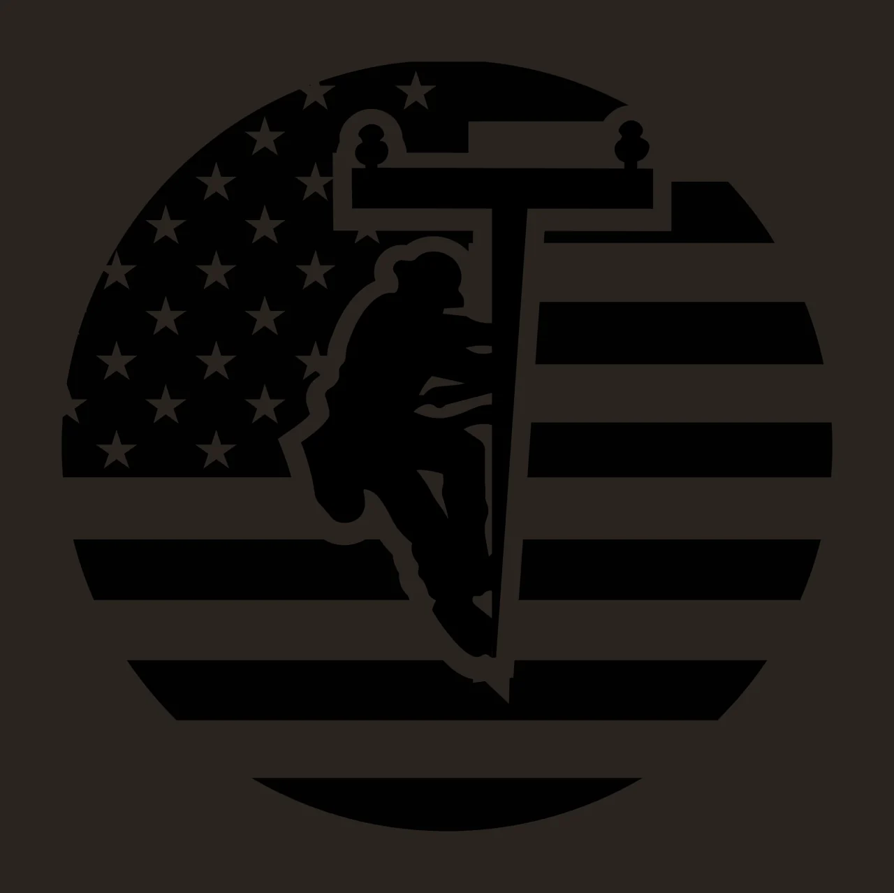 Utility lineworker silhouette Illustration with utility pole, American flag pattern, stars and stripes in black and white contrast preview thumbnail