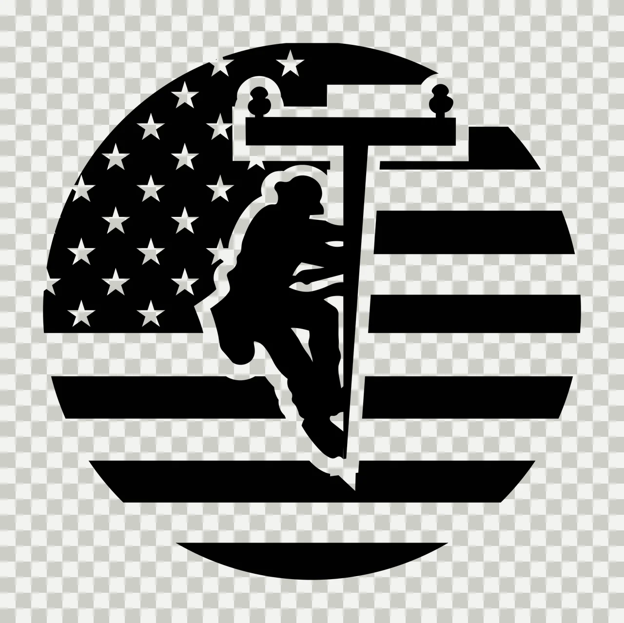 Utility lineworker silhouette Illustration with utility pole, American flag pattern, stars and stripes in black and white transparency and detail preview thumbnail