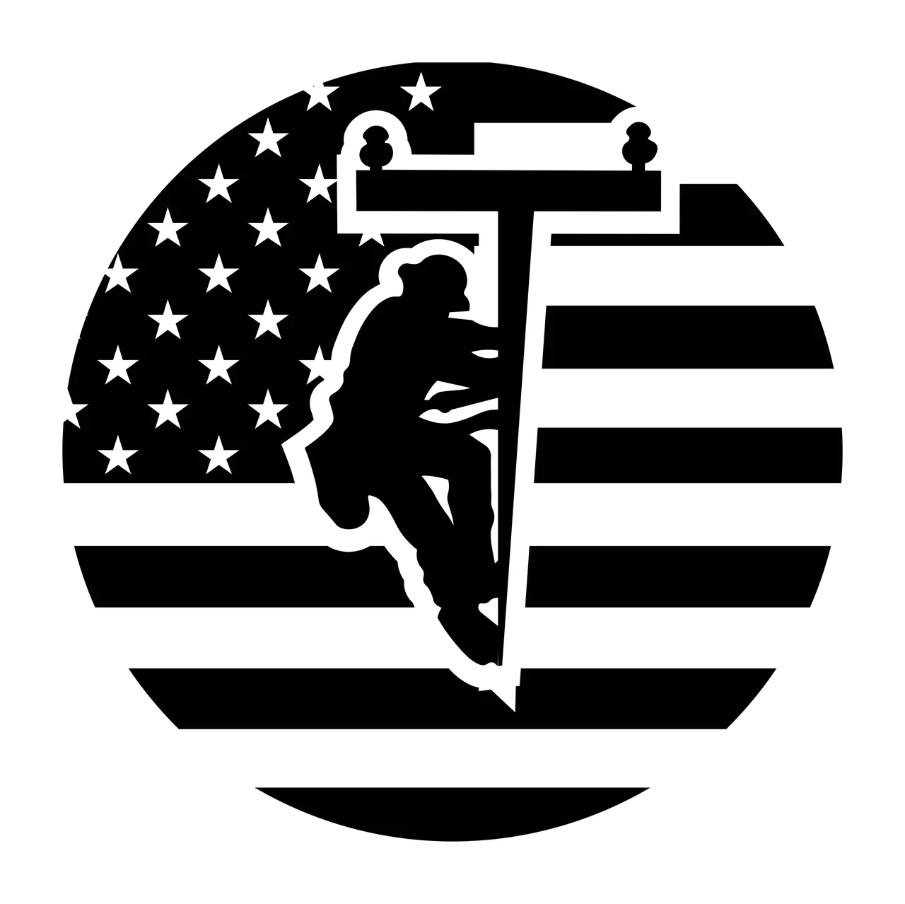 Utility lineworker silhouette Illustration with utility pole, American flag pattern, stars and stripes in black and white