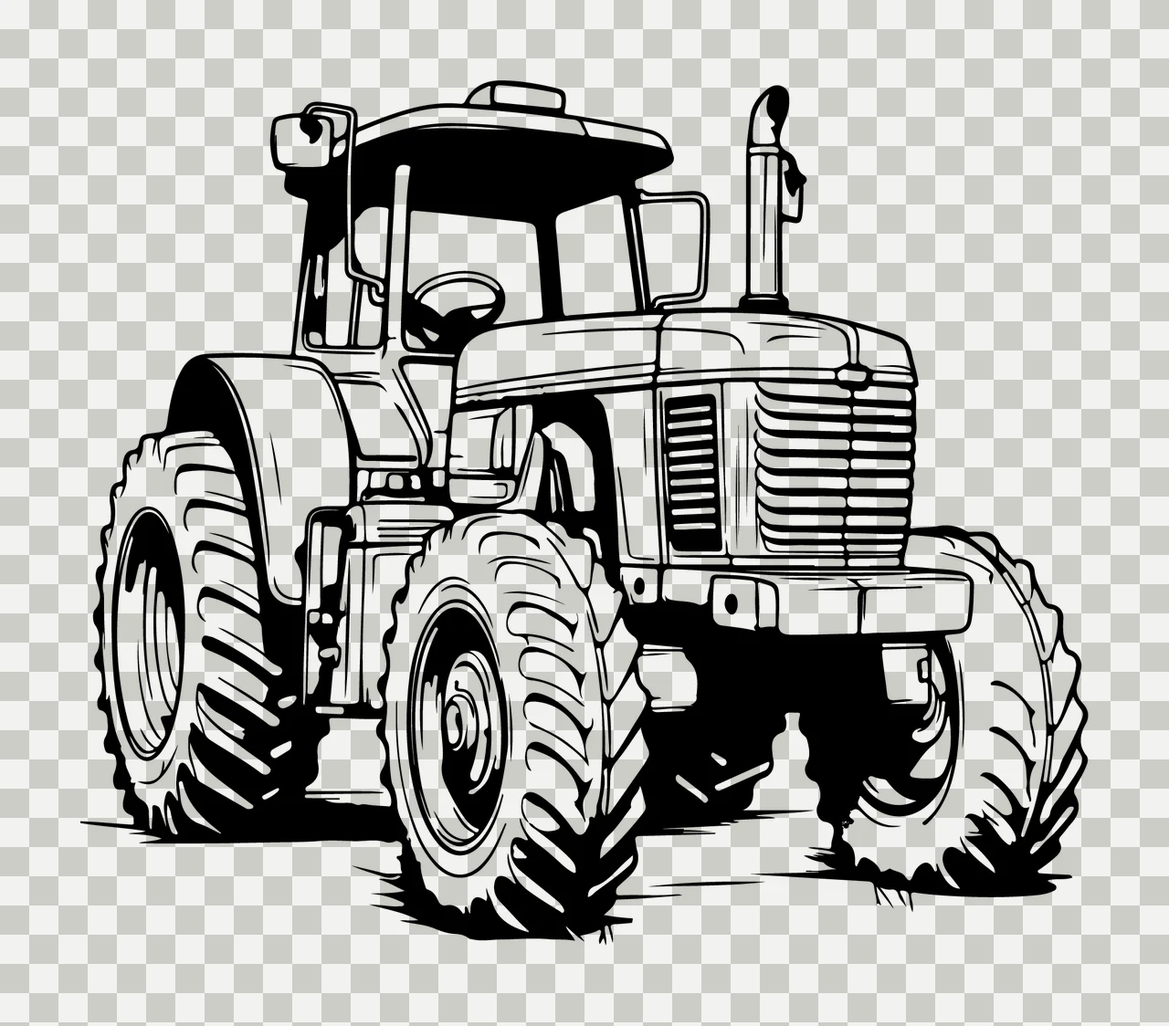 Detailed Black And White Tractor Silhouette stationary wheels transparency and detail preview thumbnail