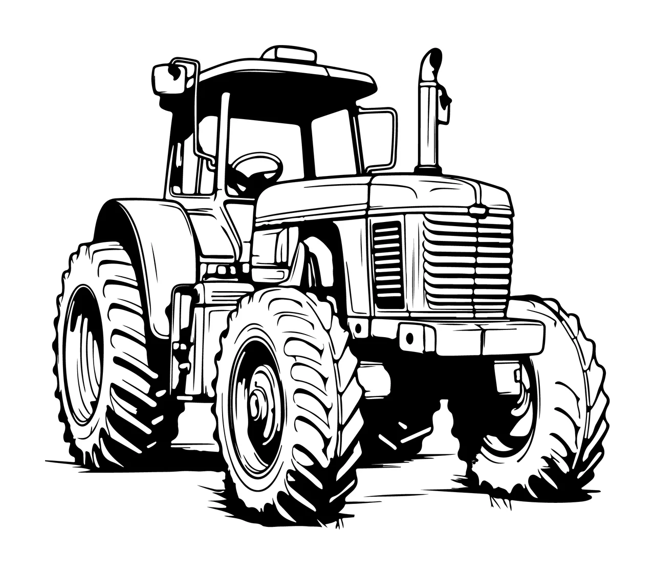Detailed Black And White Tractor Silhouette stationary wheels