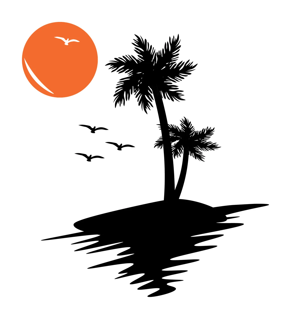Palm Tropical Island With Trees reflecting sun birds water