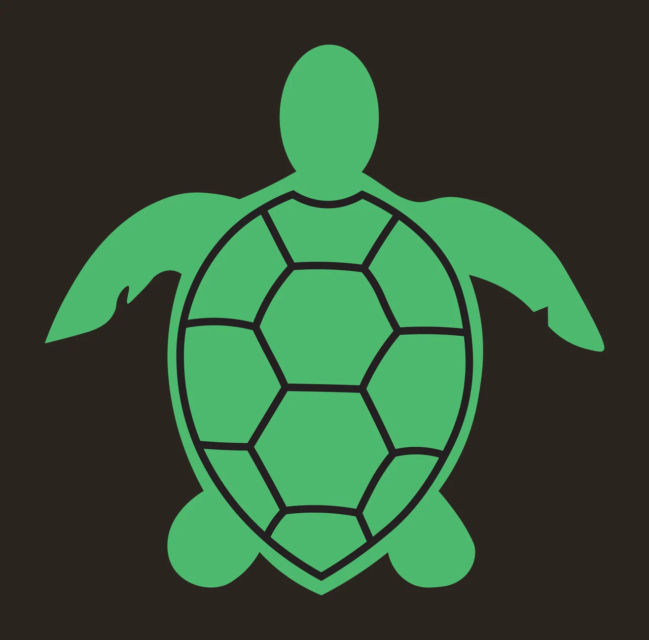 Silhouette Design of sea turtle with geometric shell pattern, flippers, head and tail in green, black and white contrast preview thumbnail
