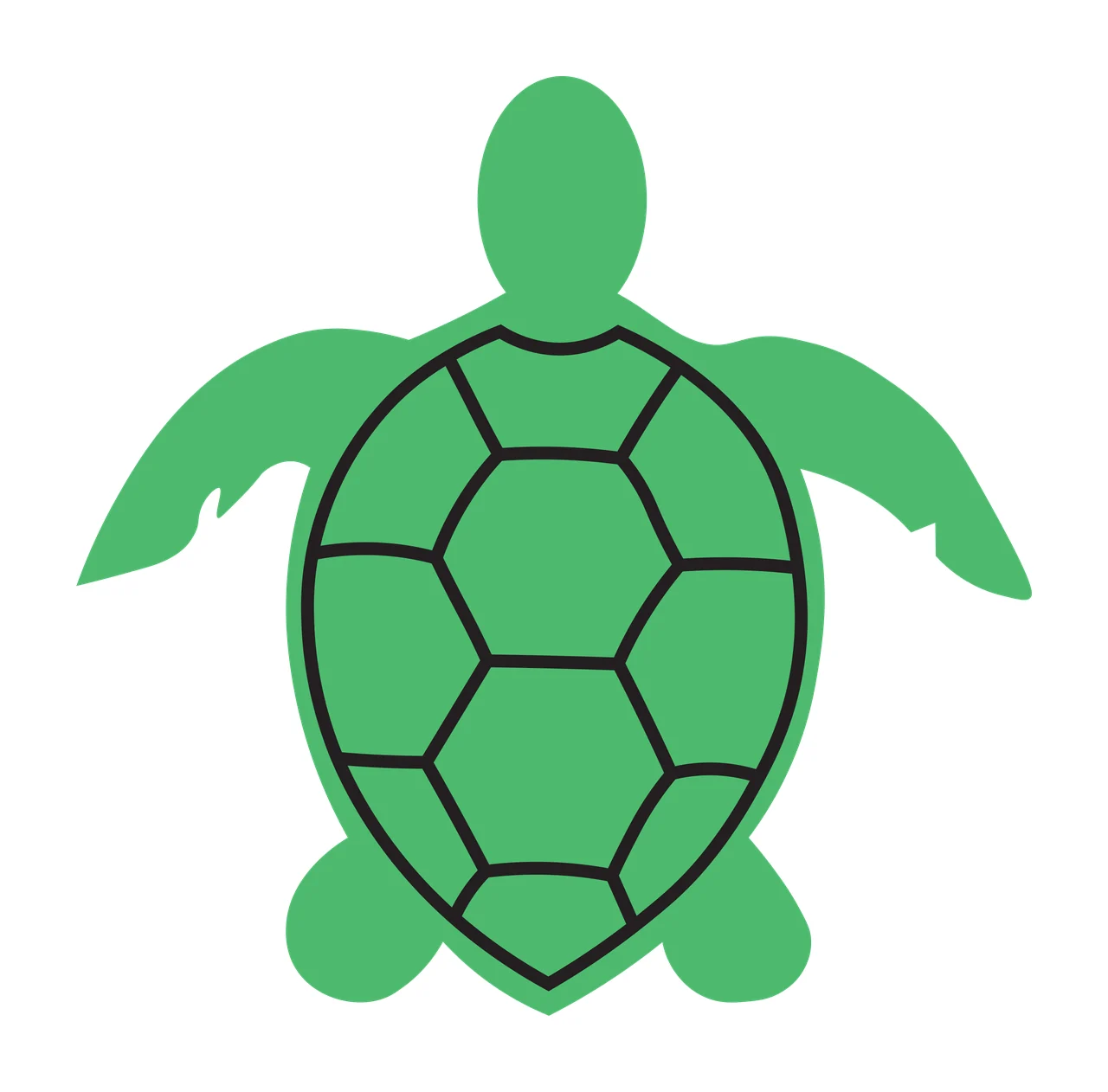 Silhouette Design of sea turtle with geometric shell pattern, flippers, head and tail in green, black and white