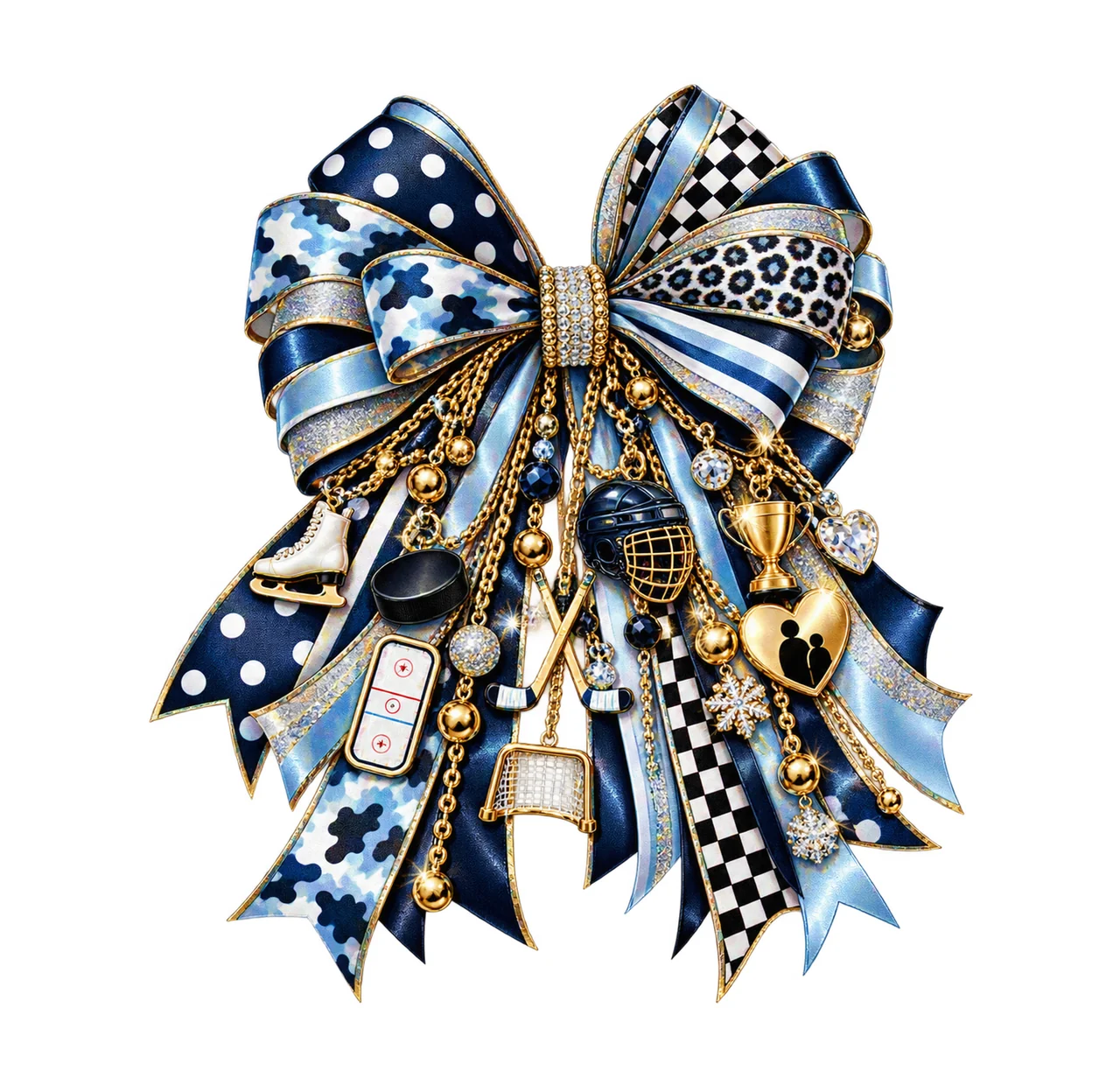 Hockey Mom Bow Charm PNG, Themed Gold Chain Charms, Coquette Ribbon Sublimation Design, Transparent Digital Download
