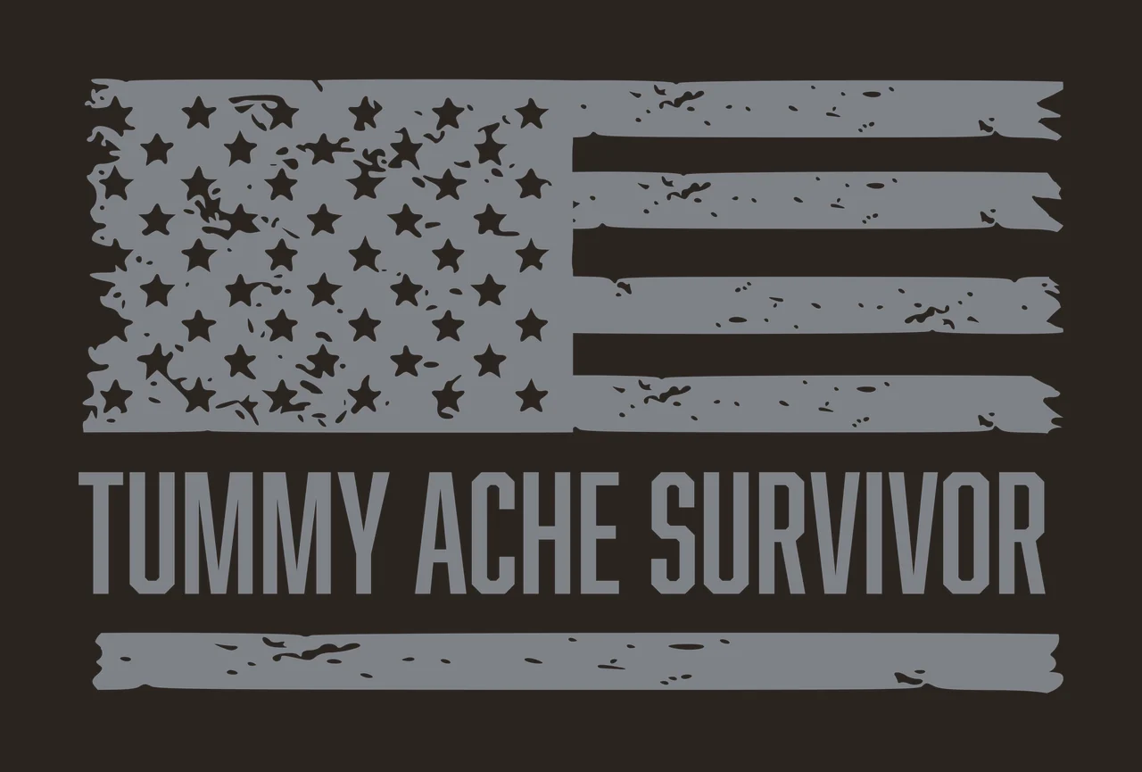 TUMMY ACHE SURVIVOR Typography Design with distressed gray flag, white stars, bold text 'TUMMY ACHE SURVIVOR' and horizontal gray stripe below text contrast preview thumbnail