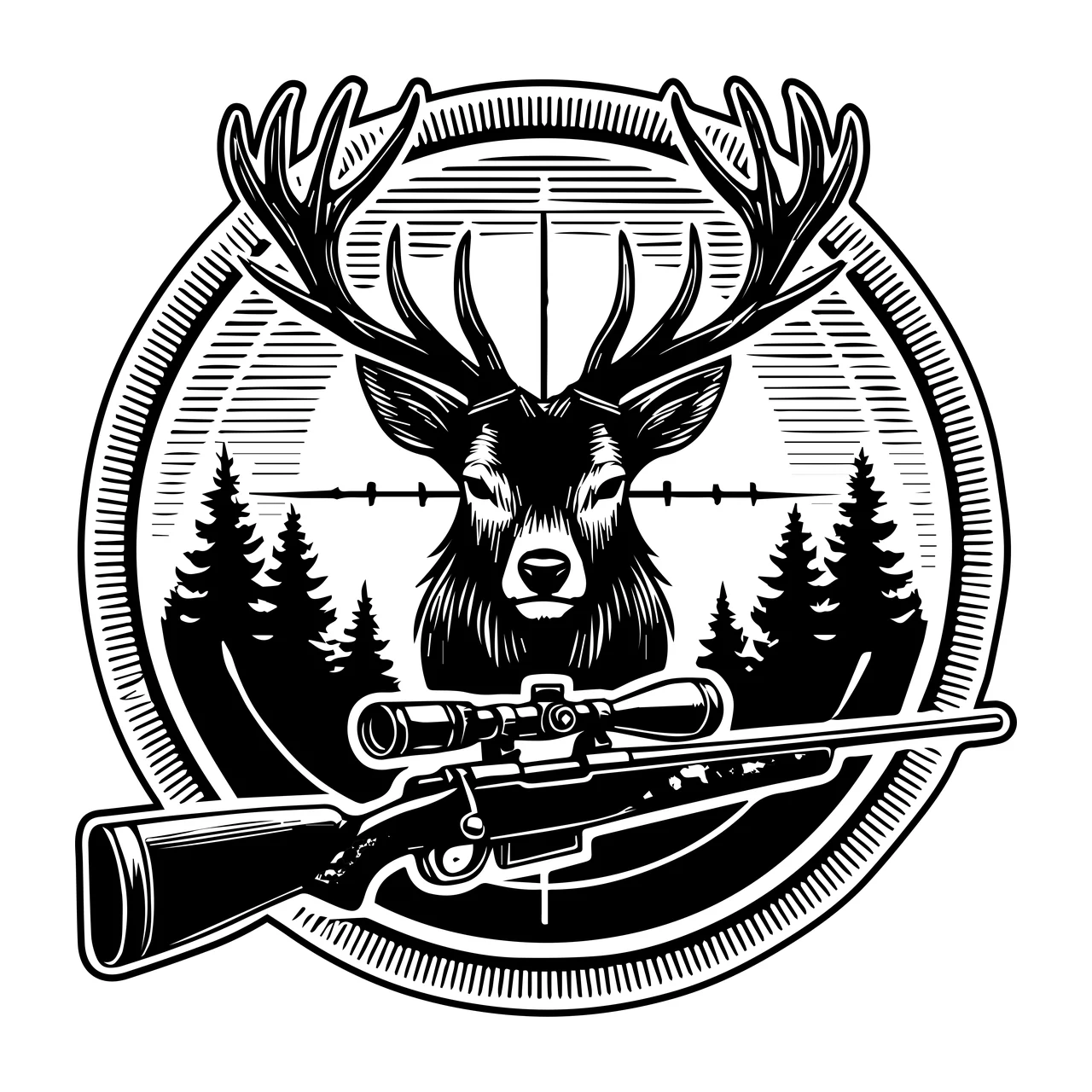 Deer Head And Rifle Inside Circle trees engraving black white