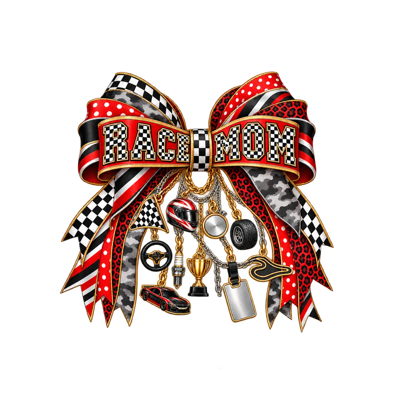Race Mom Bow Charm PNG, Patterned Boutique Ribbon Clipart, Transparent Sublimation Digital Download