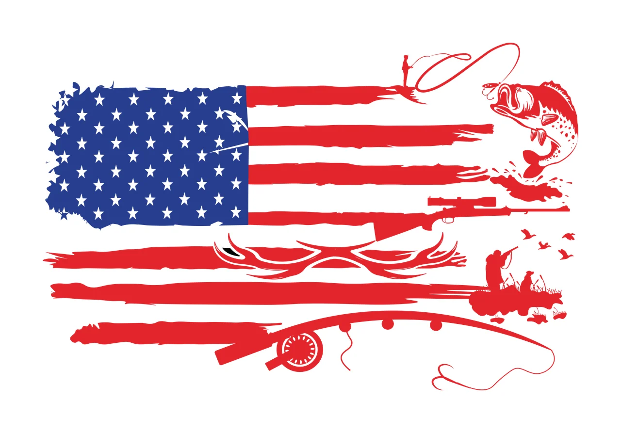 Fishing Usa Flag Silhouette With Gear rod fish antlers birds