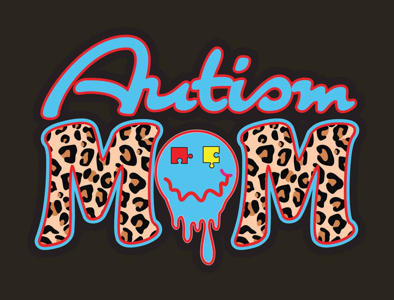 Autism MOM Leopard print 'Autism MOM' logo Design with blue text 'Autism', black outline around 'Autism', red outline around 'Autism' and blue head with red and yellow puzzle pieces contrast preview thumbnail