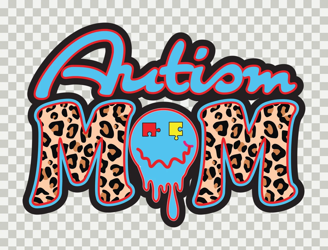 Autism MOM Leopard print 'Autism MOM' logo Design with blue text 'Autism', black outline around 'Autism', red outline around 'Autism' and blue head with red and yellow puzzle pieces transparency and detail preview thumbnail