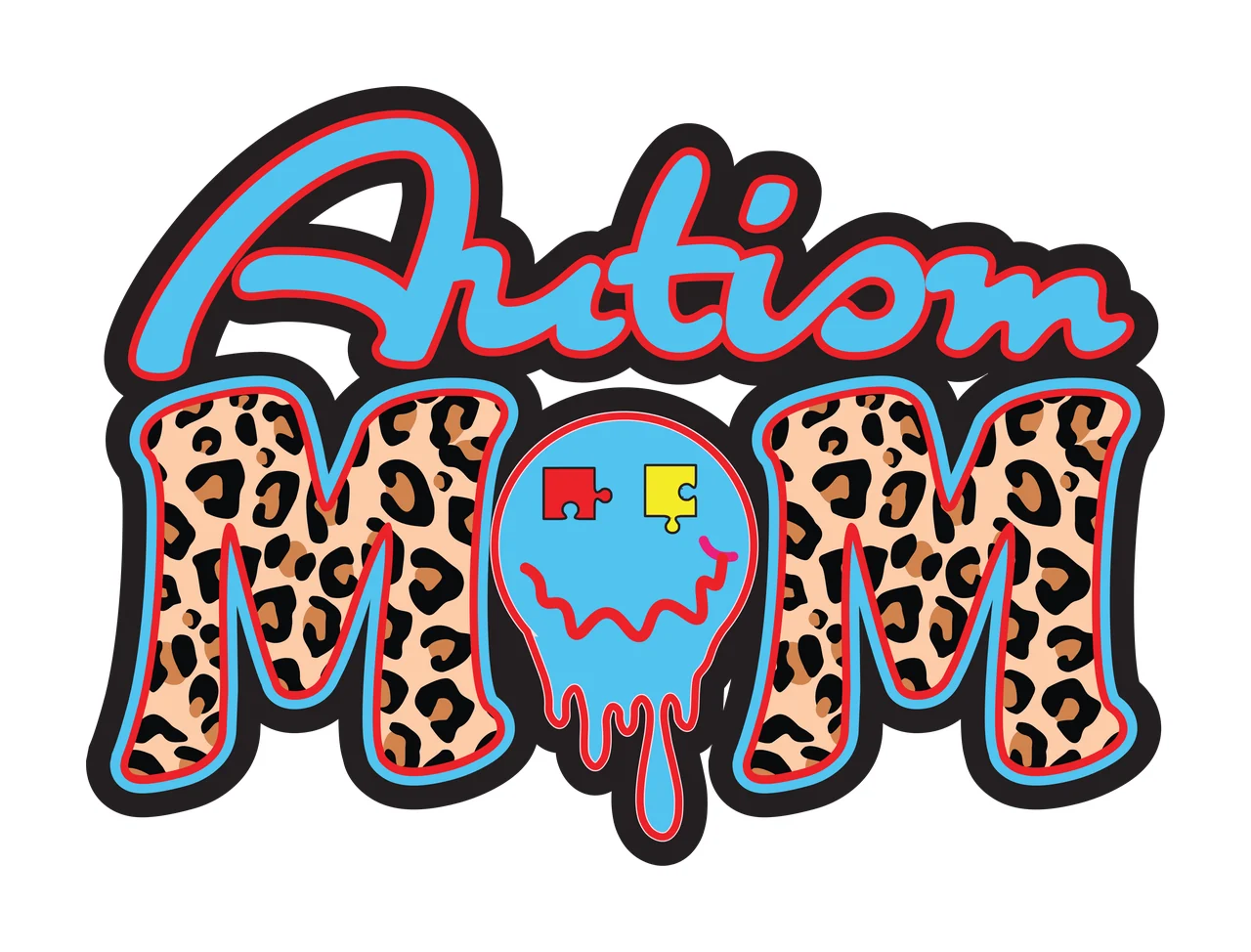 Autism MOM Leopard print 'Autism MOM' logo Design with blue text 'Autism', black outline around 'Autism', red outline around 'Autism' and blue head with red and yellow puzzle pieces