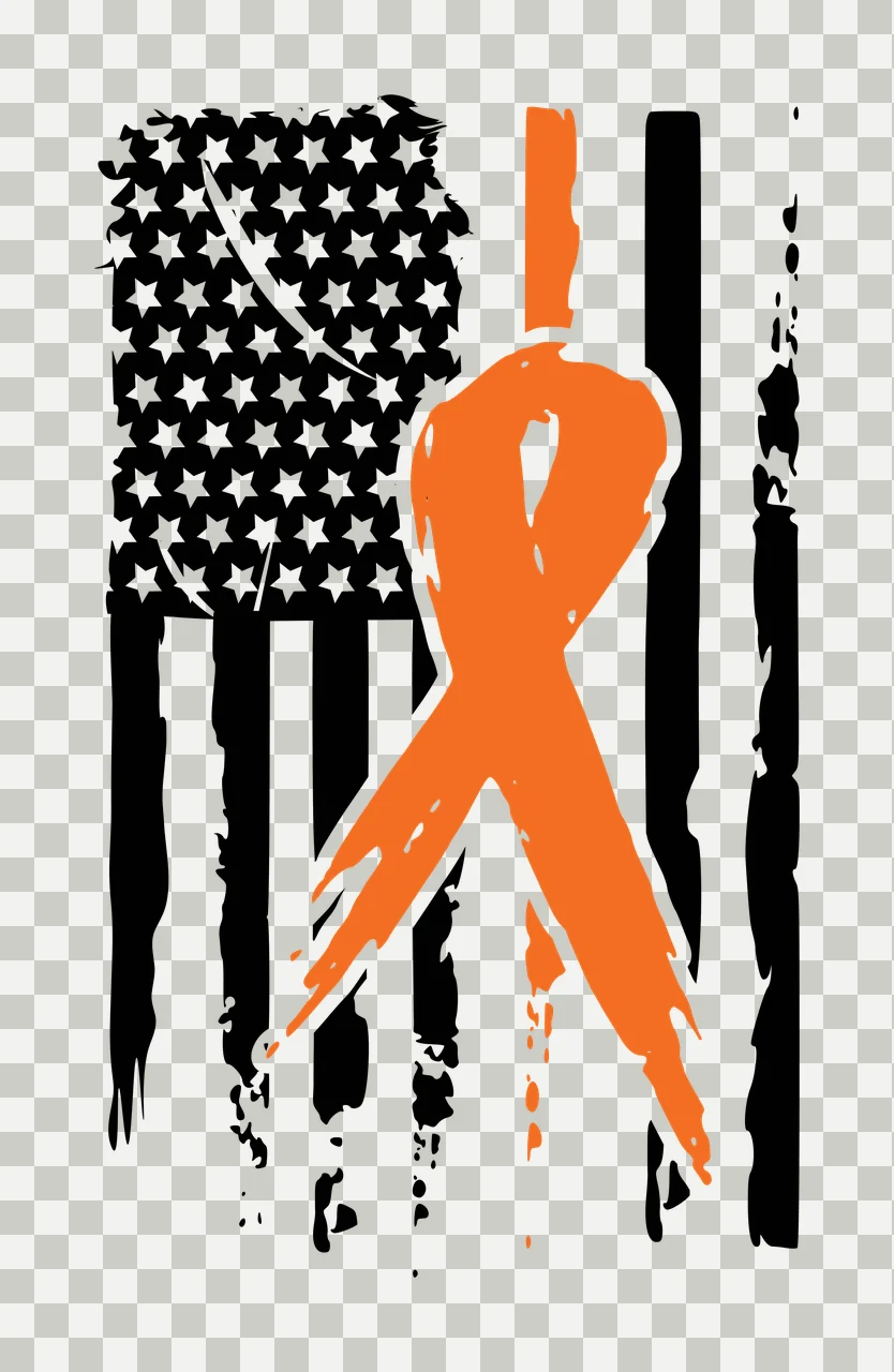 Orange ribbon superimposed on stylized American flag Illustration with black and white stars, black and white stripes and distressed paint effect transparency and detail preview thumbnail