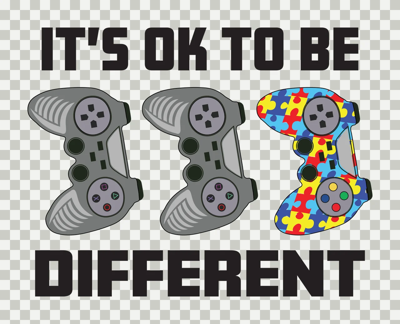 IT'S OK TO BE DIFFERENT Typography Design with two gray game controllers, one colorful puzzle-piece game controller and black bold text in blue transparency and detail preview thumbnail