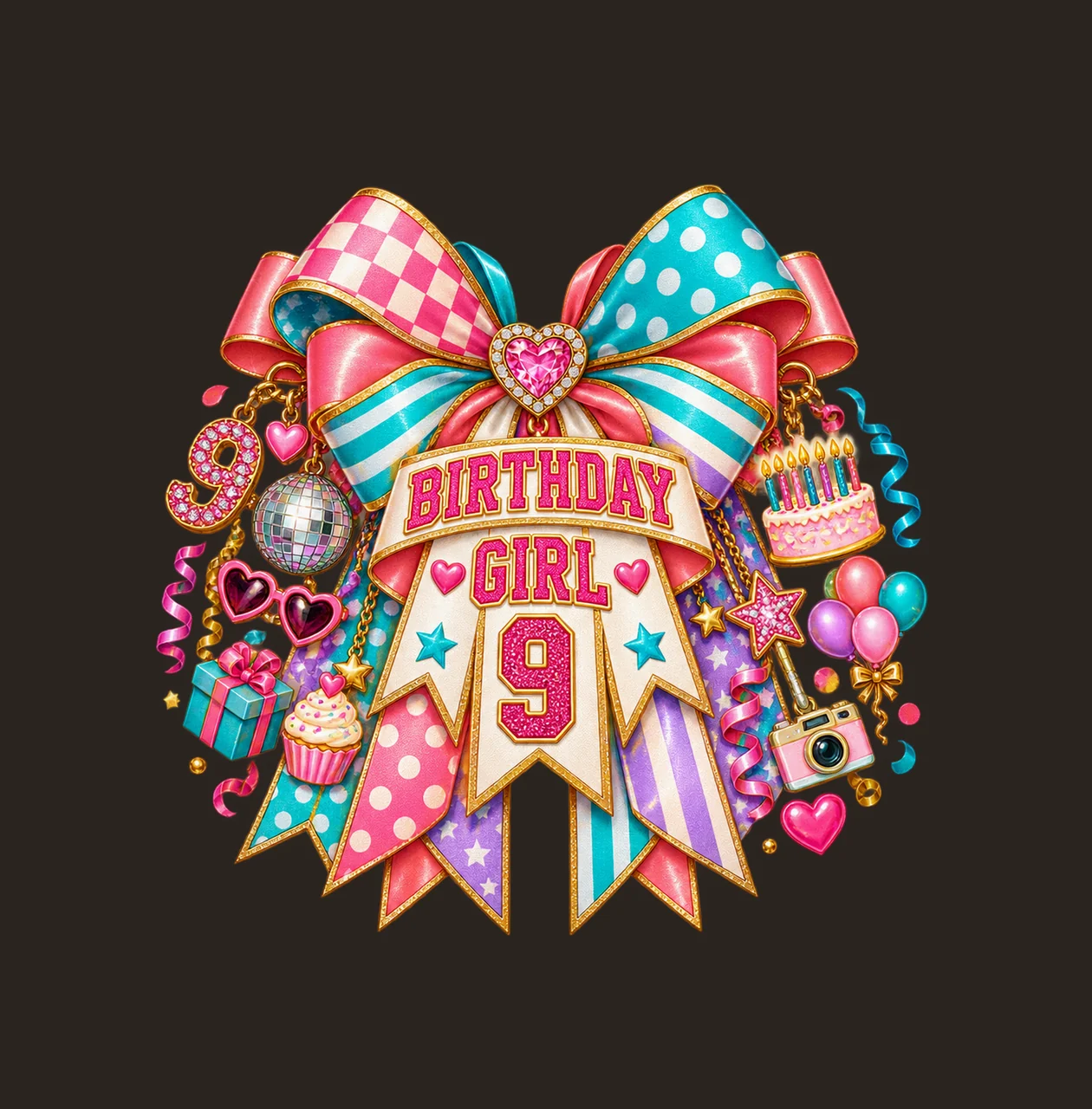 Birthday Girl 9 Bow Charm PNG, Patterned Coquette Bow Clipart, Transparent Sublimation Digital Download contrast preview thumbnail
