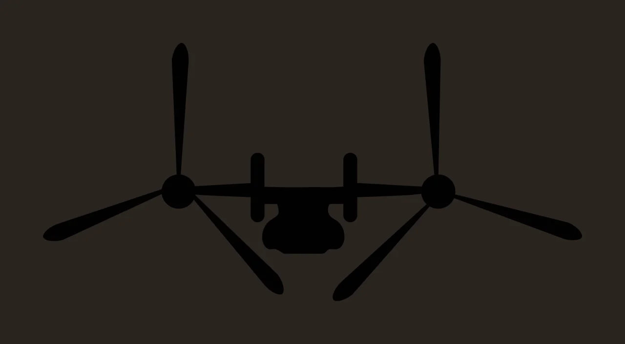 Silhouette Design of tiltrotor aircraft with propellers, nacelles, fuselage and twin tails in black and white contrast preview thumbnail